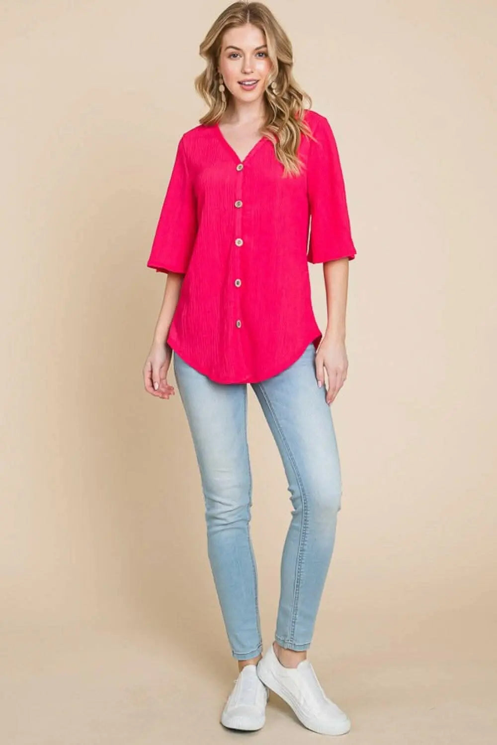 BOMBOM Texture Decorative Button V-Neck Top - Love Salve